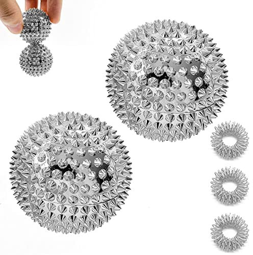 2 Stück Magnetische Massageball Igelball Und 3 Stücke Massageringe, Magnetische Akupressurkugeln, Akupunktur Massage Kugeln Yoga Ball Zum Stressabbau Massage (Silber)