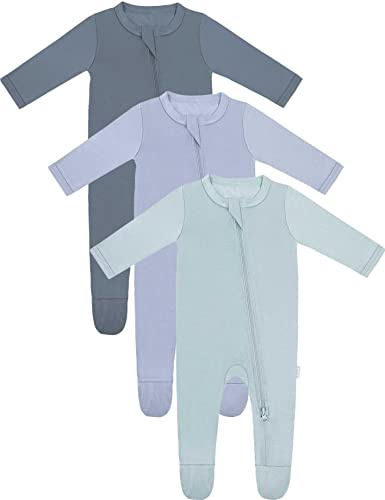 RRP Unisex Baby Footies Pajamas,Rayon Derived From Bamboo,Buttery Soft Sleep 'N Play PJs,2-Way Zipper Closure,0-18 Months (Grey/BlueGrey/Sage, 0-3 Months)
