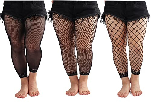 3-Pack Plus Size Women Fishnet Stockings High Waist Stretch Footless Tights