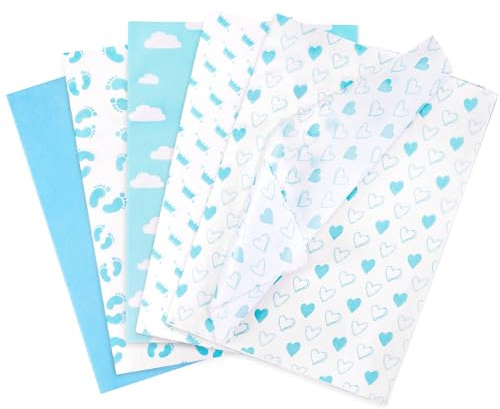 Larcenciel Silkespapper, 50 ark blått silkespapper med babymotiv för presentpåse och presentförpackning, vackert presentpapper i babystil för födelsedag, fest, semester, 50 x 35 cm