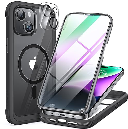 Miracase Magnetic for iPhone 15 Case 6.1, Full Body Protection, Black | [Built-in 9H Tempered Glass Screen Protector + Camera Lens Protector] Compatible with MagSafe, Military Grade Drop Proof