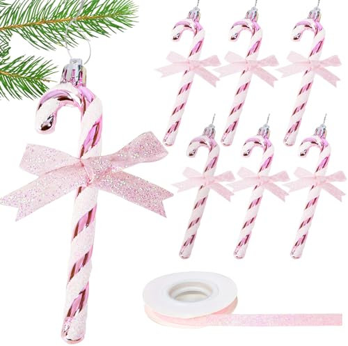 6pcs Bastón Caramelo con Purpurina Navidad + 1 Rollo Cinta Rosa Colgante Árbol Navidad Adorno Decoración Navideño