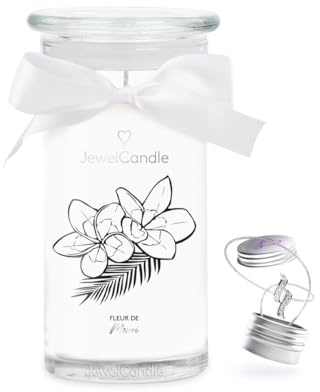 jewelcandle JuwelKerze Fleur de Monoi Halskette Silber - Schmuckkerze 80- große Duftkerze im Glas mit Kokosnuss Duft - Kerze mit Schmuck - Geschenke für Frauen, Geburtstag