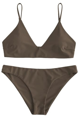 ZAFUL Women's Solid Spaghetti Strap Bralette Bikini Set Two Piece Swimsuit (1-Deep Coffee, M)