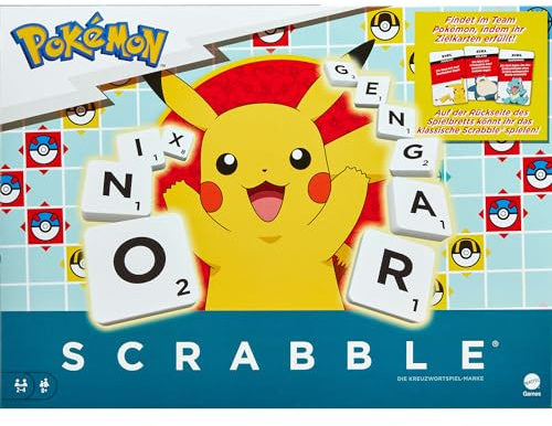 Mattel Games Scrabble Pokémon-Brettspiel, Familienwortspiel mit Zwei Spielmöglichkeiten, enthält 50 Herausforderungskarten mit Pokémon-Charakteren für 24 Spieler, Deutsche Version, HXT28