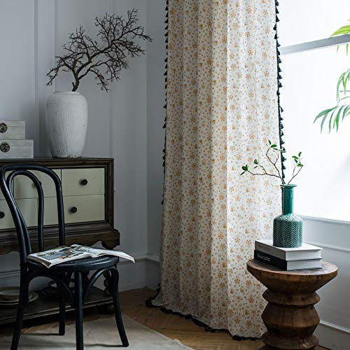 AMDXD White Doré Bedroom Curtains with Eyelets, Plant Campanula Curtains, Decorative Cotton Linen, 150 x 220 cm (W x H)