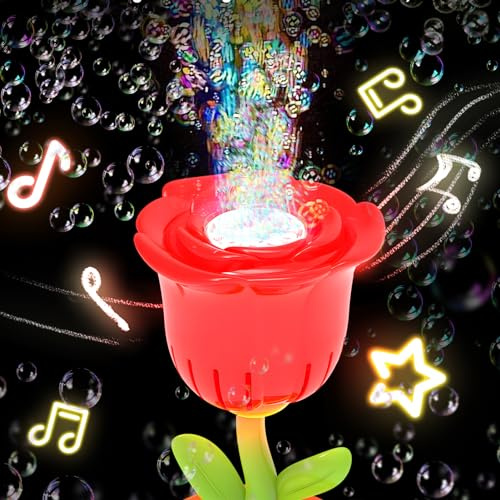 Seifenblasenmaschine Automatische Seifenblasenpistole für Kinder mit LED & Musik, 20.000+ Blasen/Minute, Blumen Seifenblasen Pistole mit Seifenblasen Flüssigkeit, Blasenspielzeug für Kinder (Rosa)