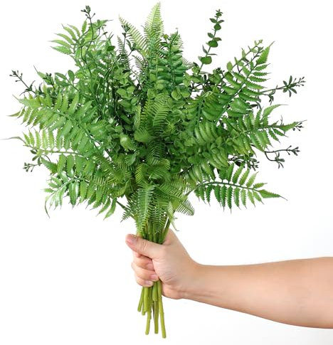 Dremisland 12PCS Artificial Boston Fern Plants Faux Greenery Eucalyptus Stems UV Resistant Plastic Fake Bushes Shrubs Grass for Outside Indoor Floral Arrangements Table Centerpieces Christmas Decor