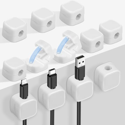 URAQT Fermacavi Scrivania, 12 Pezzi Organizer a Clip per Cavo Portacavo Magnetico, Magnetico Cavo Clips per Filo con Adesivo, Durevole Cord per USB, Cavo Audio, Bianco