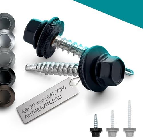 VOOXA 200 st trapetsskruvar 4,8 x 20 mm vezinkat stål antracit RAL7016 | Självborrande tunna plåtskruvar med EPDM-tätningsskiva | sexkantshuvud SW8 | antracitgrå