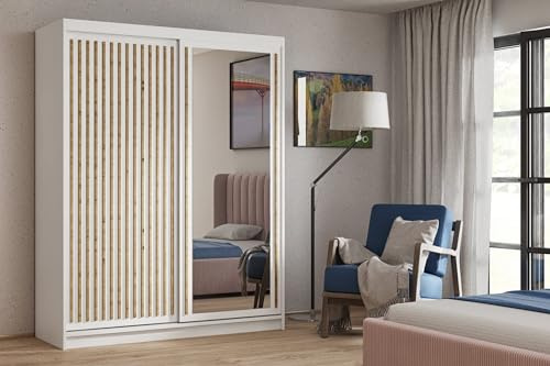 BEAUTY SOFA Meuble Donatello - Armoire avec miroir, étagères, tringle à vêtements, portes coulissantes et lamelles, garde-robe, meuble de couloir - Blanc - Largeur 160 cm