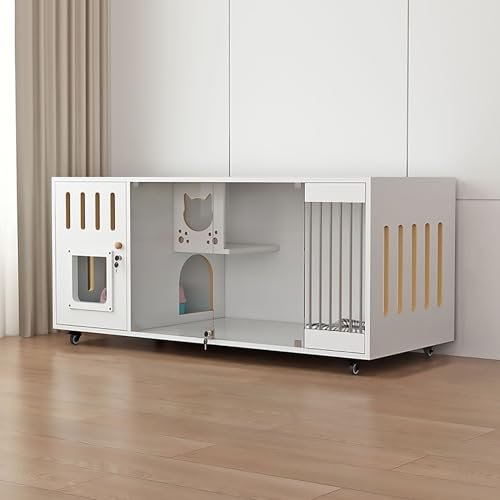 Katzenhaus aus Holz auf Bremsrollen, Große, Geschlossene Katzenvilla für Drinnen und Draußen, mit Abschließbarem Katzenkäfig, Leicht zu Reinigen(White,140x60x60cm)