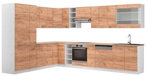 Vicco Eckküche Fame-Line, Küchenzeile in L-Form, Goldkraft Eiche/Weiß, 257 x 60 cm, AP Eiche
