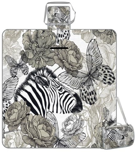 Mularoka Zebra Picknickdecke mit Schmetterlings-Motiv, wasserdicht, sanddicht, faltbar, Stranddecke, 150 x 145 cm, extra groß, tragbar, waschbar, Outdoor-Matte für Camping, Park, Gras, Wandern, Reisen