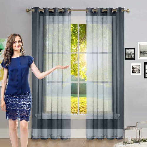 GAIFNAG Leinenoptik Voile Vorhänge 50 x 235 cm Hitzeschutz, Leinen-Optik Transparent, Größe Und Farbe Wählbar Ösenschal Wohnzimmer Fensterschal für Fenster, Zuhause, Terrasse, Grau