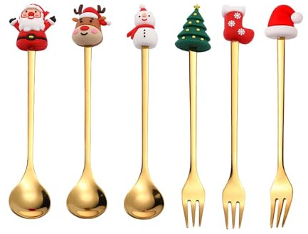 DimyFew Weihnachtslöffel Gabel Set, Probierlöffel Und Gabeln, Edelstahl, Dessertlöffel, Gabeln für Zucker, Kaffeehaus, Gold 6St