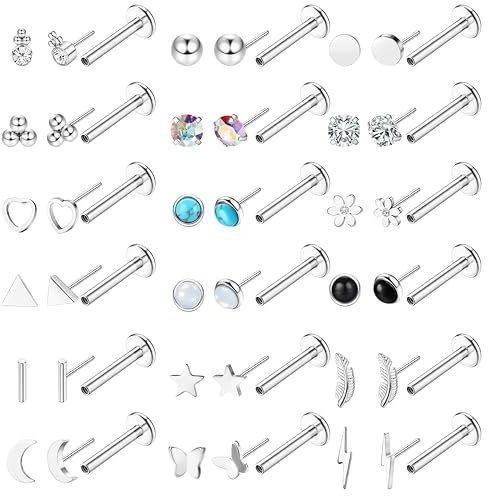 YADOCA 20G Threadless Flat Back Earrings for Women Men - Hypoallergenic Surgical Steel Push in Nose Stud Rings Labret Cartilage Lip Rings Medusa Nostril Conch Tragus Piercing Jewelry 18 Pairs