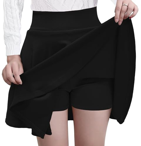 GOOBGS Women's Casual Versatile Mini Skater Stretchy Skirt with Shorts Black Medium