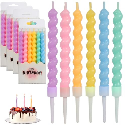 NVGVUP Mehrfarbige Spiralkerzen, Kuchendekoration, Geburtstagskerzen mit Halterungen, 24 Stück
