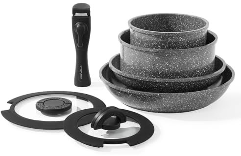 ESEVOLO Batterie de cuisine 7 pièces induction, Lot de Casseroles et Poêles avec poignées amovibles, Empilable, Revêtement Antiadhésif en Céramique sans PFAS, avec couvercle en verre, Gris