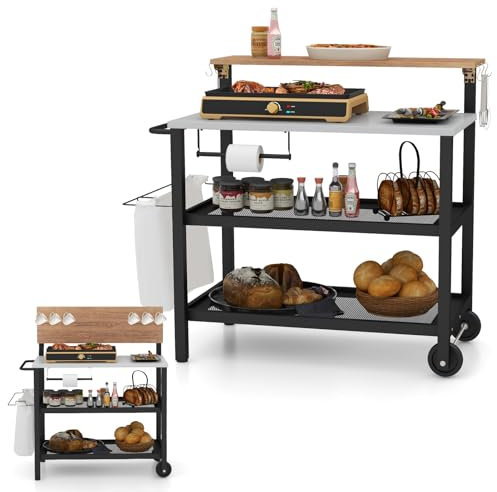 GOPLUS Carro de Bar con Mesa Elevable, Soporte de 3 Niveles con Estantes Abiertos y Ganchos, Carro de Exterior con Soporte para Papel Toalla y Bolsa de Basura, Carro de Servicio (Negro)