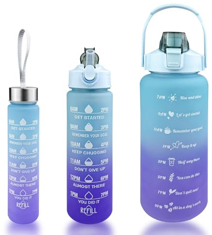 Noxtioanip 3 Pezzi Borraccia 2L, 800ml, 300ml, Bottiglia Palestra Motivazionale con Indicazione Del Tempo, Borracce di Perdite Senza BPA, per Scuola, Campeggio, Yoga, Palestra (Blu Viola)