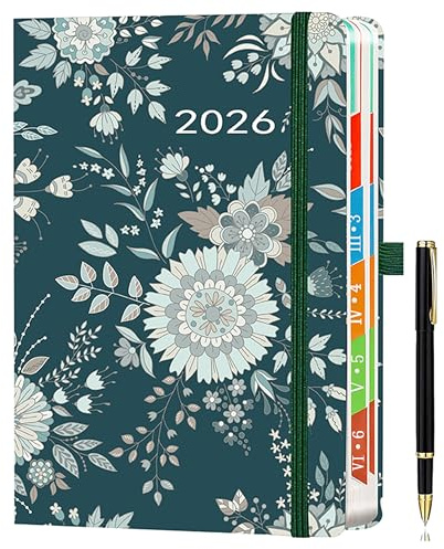 Agenda 2026 A5, planificador anual día por página (ene-dic), con pestañas mensuales coloridas, soporte elástico para bolígrafo, lazo y bolsillo, gris pizarra oscuro.