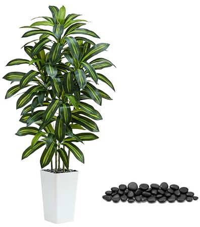 TNGGNT Artificial Dracaena Tree：5FT Faux Silk Tropical Yucca Floor Trees Realistic Fake Green Plant with Natural Wood Trunk & Lifelike Leaves for Home Office Decor Indoor & Outdoor (5FT,1-Pack,White)