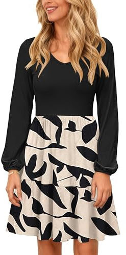 PLOKNRD Vestido de Cuello V Manga Larga de Mujer con Bolsillo Elegante Vestidos en Capas Falda Corta Casual de Otoño e Invierno Hojas de Albaricoque Negro M