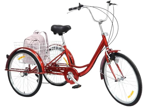 Jerool 24-Zoll-Dreirad für Erwachsene mit 6 Gängen, Cruiser-Fahrrad mit Sitz, ausgestattet mit 3 Rädern und Einkaufskorb, höhenverstellbar, geeignet für Senioren, Tragkraft bis zu 120 kg (Rot)