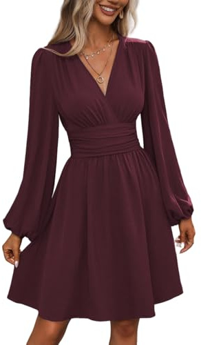 Vestido midi elegante de manga larga abombada con cuello en V para mujer, elegante vestido de cóctel con cintura elástica para ocasiones formales, fucsia, S