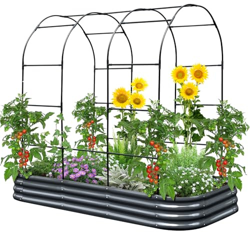 KING BIRD Galvanized Metal Raised Garden Bed with Trellis, Outdoor Planter Box for Climbing Vegetables, Flowers, 240x120x210cm