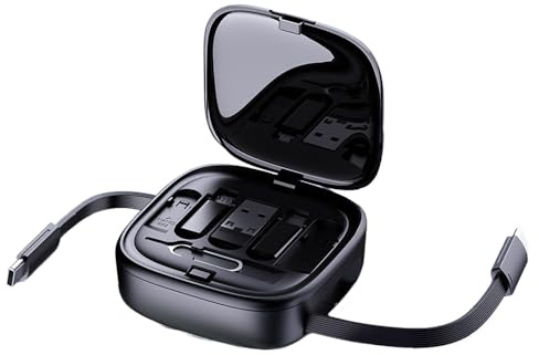 PWTEK Multi Charging Cable, 5 in 1 Retractable Charger Cable, 60W USB Charging Cable with Data Transfer,Includes USB-C/Micro/USB Adapters, Phone Stand for Phones/Tablets/Laptops