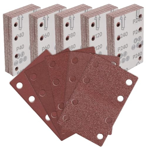 Huucozn 100 PCS hojas de Lija para Lijadora, Papel de Lija Rectangular con 5 Granos 40/60/80/120/240, Recambio Hojas de Lijade 8 Agujeros, Almohadillas de Lijado para Metal, Madera y Plástico