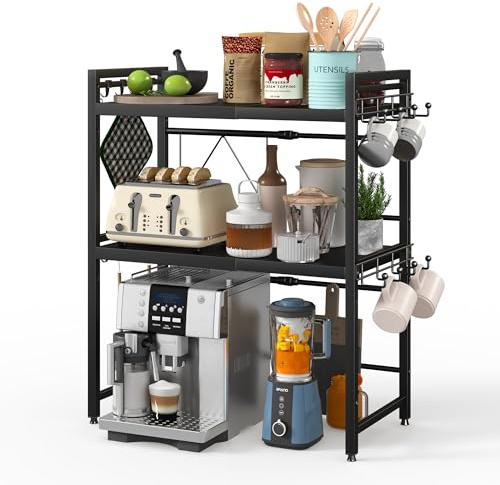 NETEL Soporte Extensible para microondas de 3 Niveles,Estante microondas encimera Ajustable,estanteria Cocina encimera, Organizador microondas con Soporte para Tazas y 8 Ganchos,Negro
