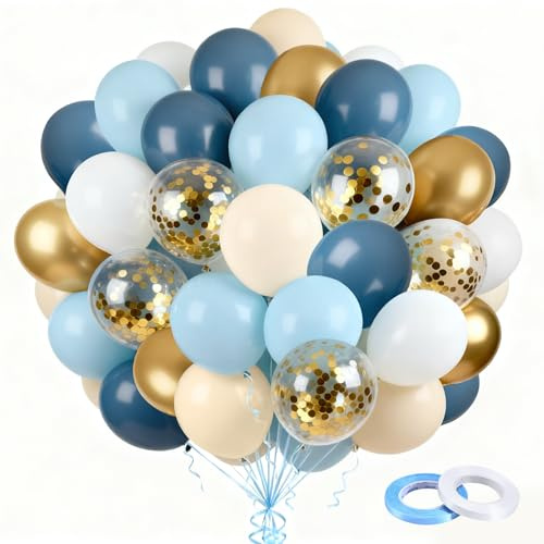 Luftballon Blau Beige,60 Stück Blaue Luftballons Geburtstag Set,Metallic Gold Konfetti Helium Balloons Mit 2 Band für Geburtstag Babyparty Hochzeit Graduierung Feier Deko Baby Shower Deko（Blau）