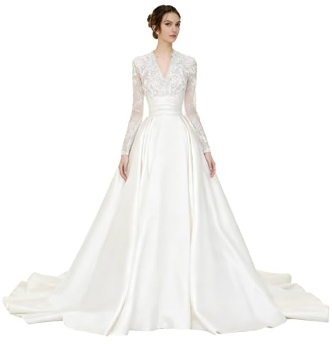 Vestido De Novia Cómodo Satén Con Escote En V Y Cola for Bodas Al Aire Libre, Jardín, Ceremonia Formal En La Iglesia.(S)