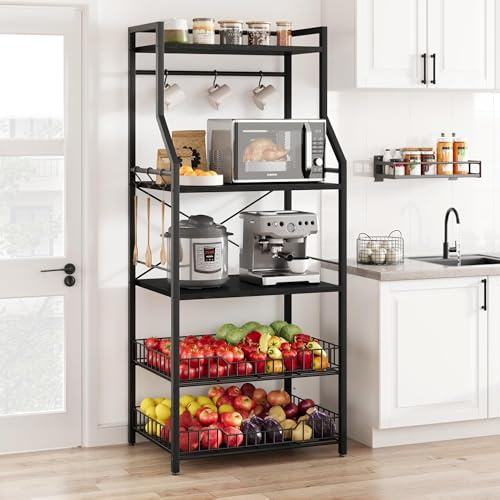 GarveeMore Mueble microondas Cocina con Gran Capacidad,Estantería 5 Niveles para Microondas de Cocina,con 6 Ganchos para Especias y Organizador de Ollas,60 * 40 * 146 cm(Negro)