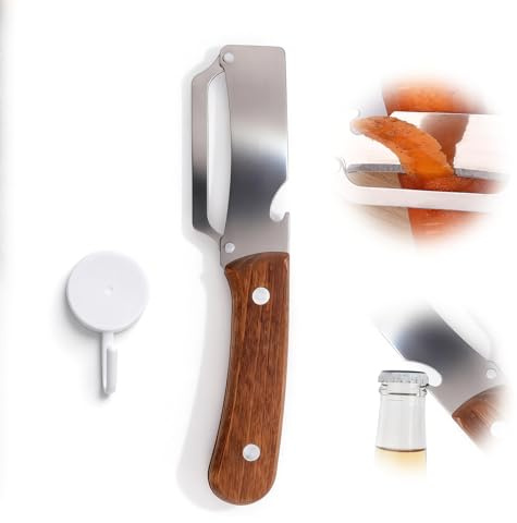 Multi-Functional Vegetable Peeler with Hook, Stainless Steel Sharp Blades Peeler with Wooden Handle & Multifunctional Bottle Opener Practical Kitchen Tool for Veggie Fruit Apple Potato Sugar Cane