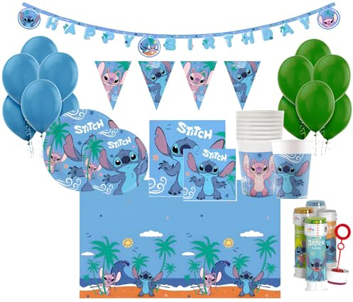 WOOPARTY Kit Compleanno Stitch per 24 Persone - Set Festa 119 Pezzi con Piatti, Bicchieri, Tovaglioli, Palloncini, Tovaglia, Festoni, Bolle di Sapone e Decorazioni - Addobbi Tema Stitch per Bambini