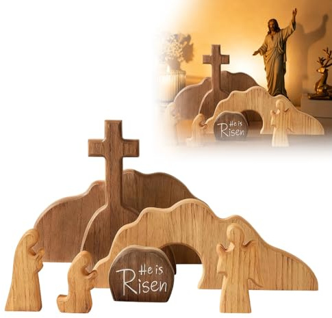 2026 Juego de tumba de Pascua de madera vacía con decoración de Pascua, escena de resurrección, adorno para escritorio/escritorio (beis, 25 x 17 cm)