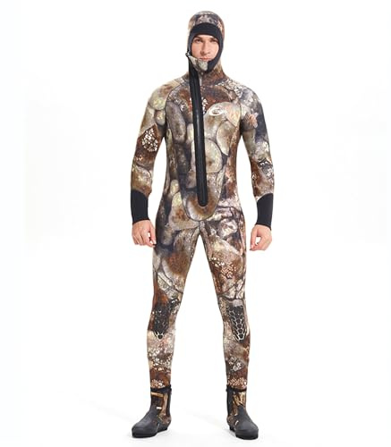 Marrón,M,Traje de Neopreno Integral Hombre 5 mm con Capucha, Neopreno SCR Camuflaje, Traje de Buceo con Cremallera Frontal, Traje Térmico para Aguas Frías para Buceo, Apnea y Pesca Submarina