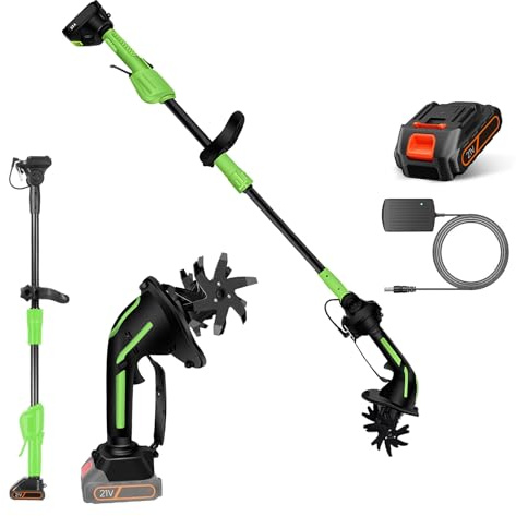 Motobineuse Électrique sans Fil – Motoculteur Thermique Portable 21V avec Manche Long 1,3 m, Largeur de Travail 10 cm, Outil de Jardinage pour Ameublir, Biner, Creuser (1 Batterie + 1 Chargeur)