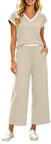 Generisch Zweiteiler Damen Sommer: 2 Teiler Jogginganzug Zweiteilig Lounge Set Kurzarm Tshirt V-Hals Und Hose Tracksuit Frauen Freizeitanzug Strand Urlaub Große Größe XXS-6XL
