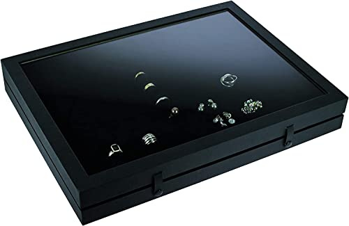 SAFE Schmuckvitrine Black Edition für bis zu 48 Ringe | Mattschwarze Vitrine mit Echtglasdeckel und geschlitztem, samtbezogenem Einsatz.