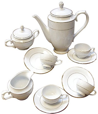 Service à café pour 12 porcelaine blanche | 27 pièces au total | Classique décorée avec des bords dorés | Modèle BREMEN | Ustensiles de table