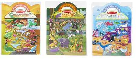 Melissa & Doug Puffy Sticker Activity Books Set of 3 – Safari, Dinosaur & Ocean, with 118 Reusable Puffy Stickers and Fold-Out Scenes, Mess Free Play Set & Travel Toys for Kids Ages 4+ - FSC Certified
