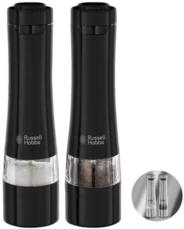 Russell Hobbs Molinillos de Pimienta y Sal Black - Molinillo Eléctrico, Sistema de Molido Cerámico, Grosor de Molienda Graduable, Se Ilumina al Moler, Acero Inoxidable, Negro - 28010-56