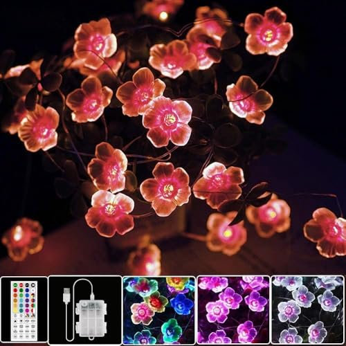 LED Bunt Lichterkette Blumen,4M 40er USB & Batterie LED Blume Lichterkette Innen, 24 Farben Lichterkette für Zimmer mit Fernbedienung für Halloween Diwali Garten Bäume, Geschenke für Frauen Mädchen