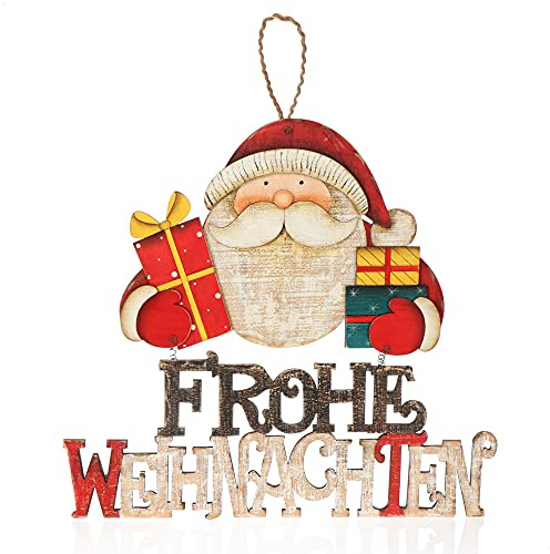 com-four® Hängedeko Weihnachten, Holz-Aufhänger Schriftzug mit Santa Claus | Türschild FROHE WEIHNACHTEN aus Holz - Hänger für Türen - Wände - Fenster
